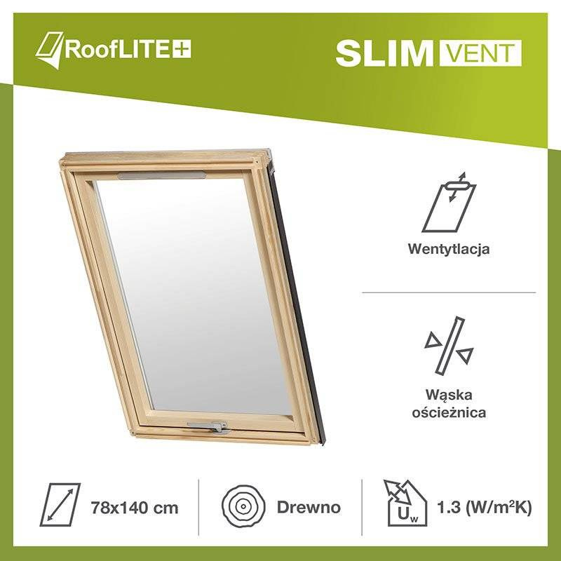 Okno dachowe RoofLITE+ Slim VENT DVY S6A B900 drewniane 2-szybowe 114x118