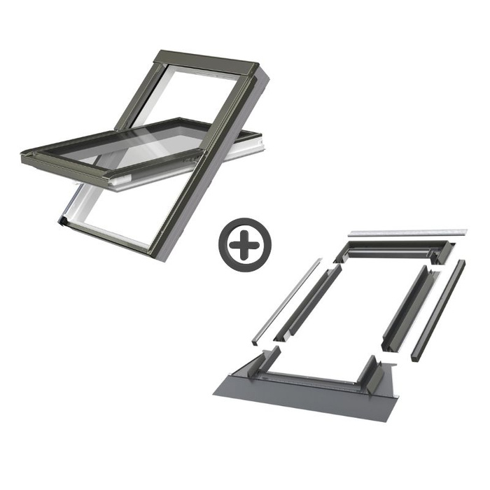 Zestaw okno dachowe FAKRO PTP-V U41 GBMX 78X140 3-szybowe + kołnierz EHV-AT RAL 7022