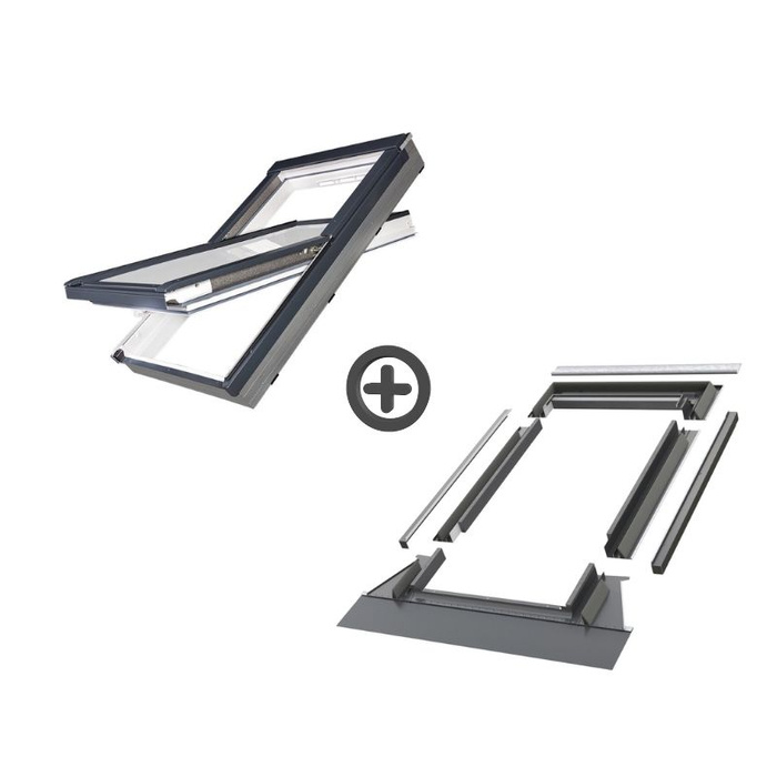 Zestaw okno dachowe FAKRO PTP-V U41 ABMX 78X140 3-szybowe + kołnierz EHV-AT RAL 7016