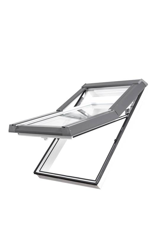 Okno dachowe SKYFENS Premium Termo 66x118 z nawiewnikiem orzech PVC oblachowanie szare